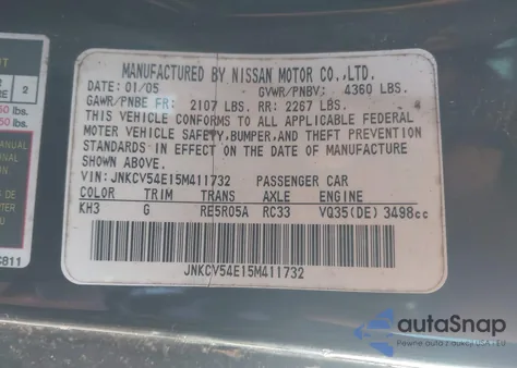 2005 Infiniti G35 z USA, uszkodzony, nr VIN JNKCV54E15M411732